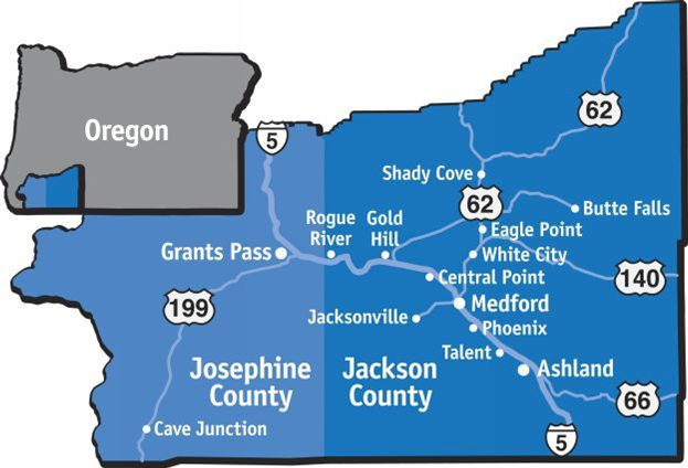 Map of Jackson and Josephine counties, showing vonerage area for service